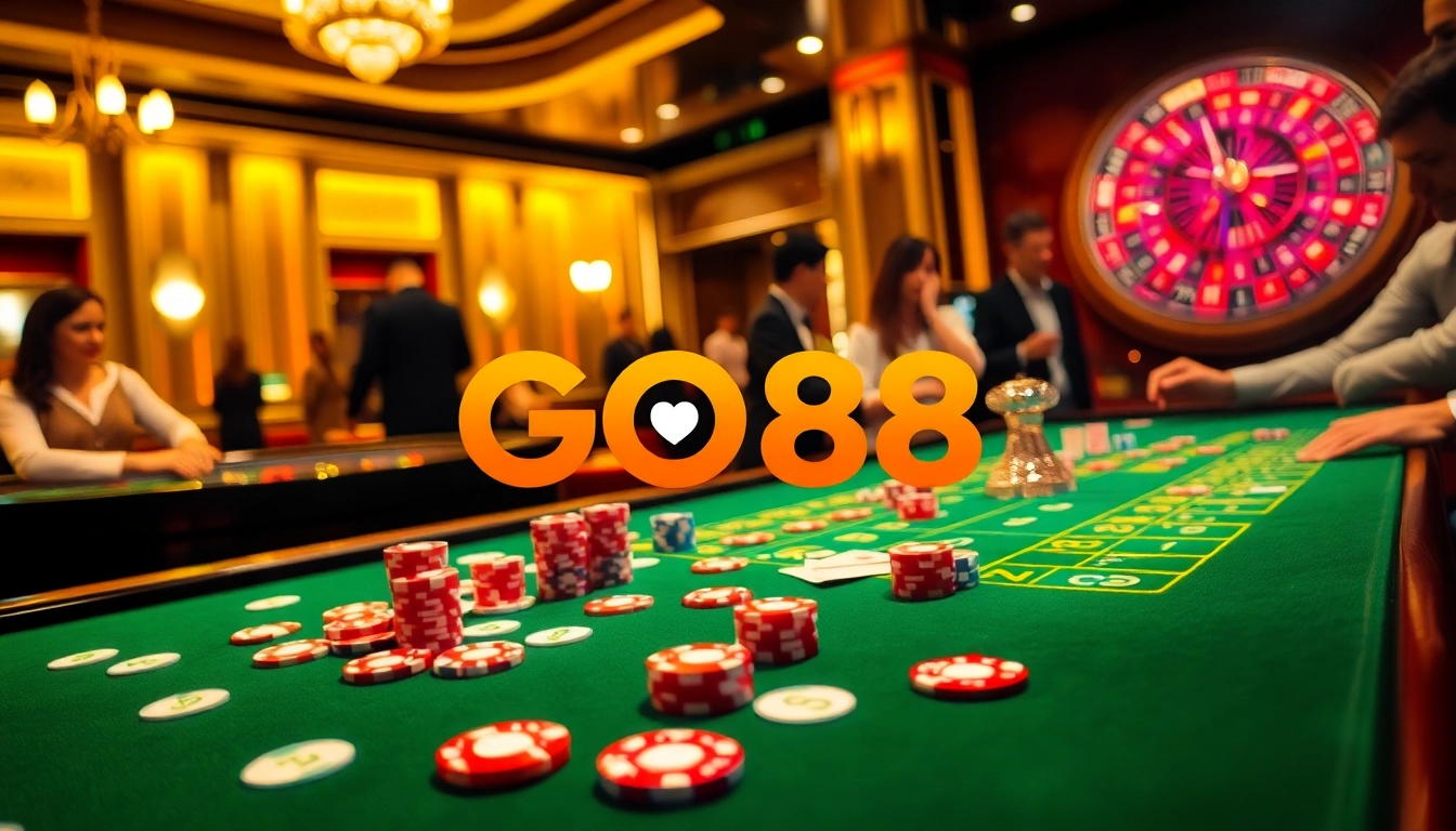 Experience the thrill of go 88 at an upscale casino table showcasing vibrant poker chips and elegant playing cards.