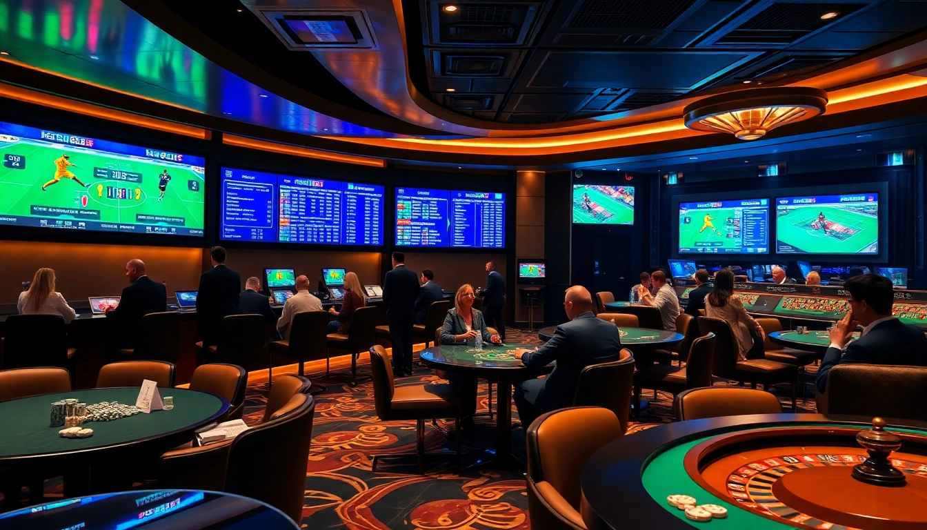 Engage in เทคนิคแทงบอล strategies at a luxurious sports betting area, surrounded by dynamic betting displays and enthusiastic patrons.