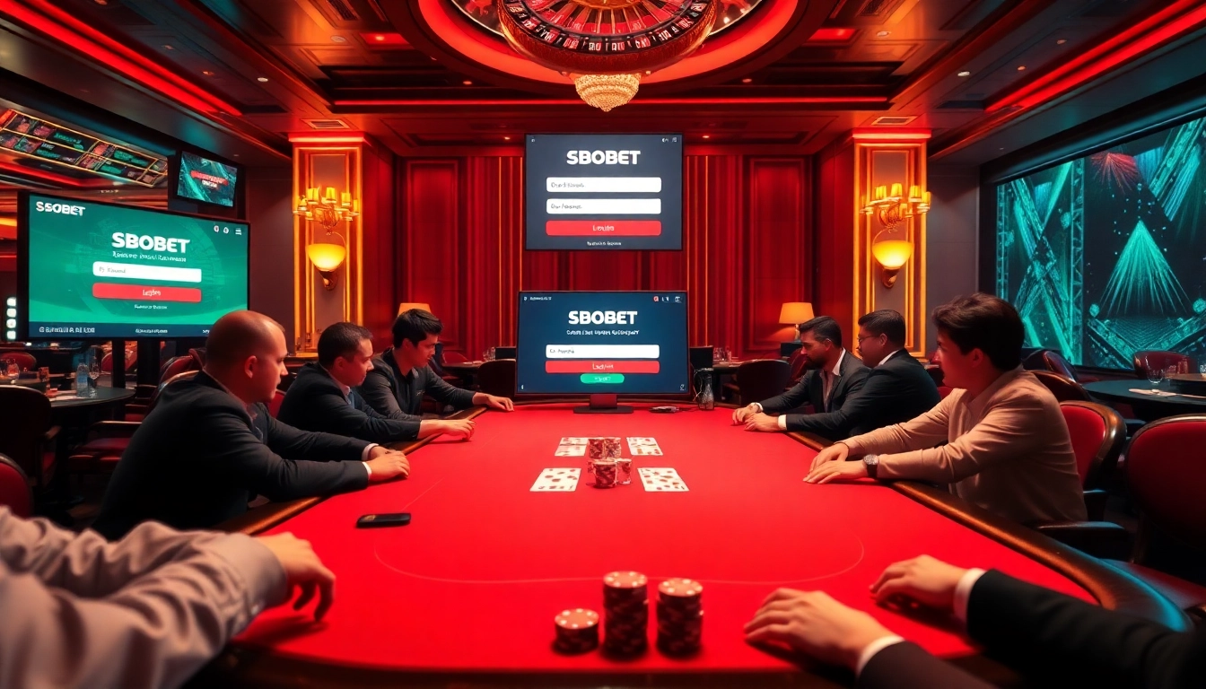 Sbobet login interface displayed on a luxurious poker table filled with excited players.