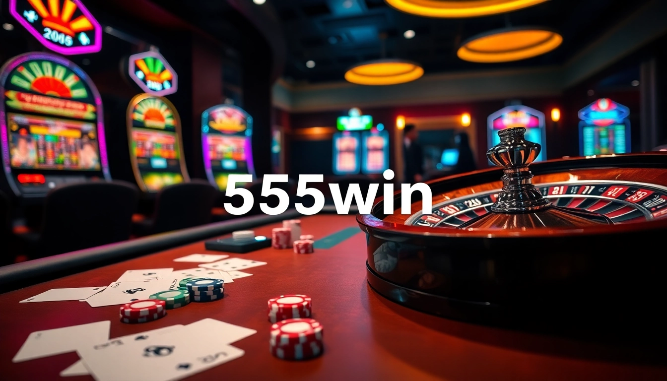 Experience excitement and luxury at 555win casino with poker chips, cards, and roulette wheel.