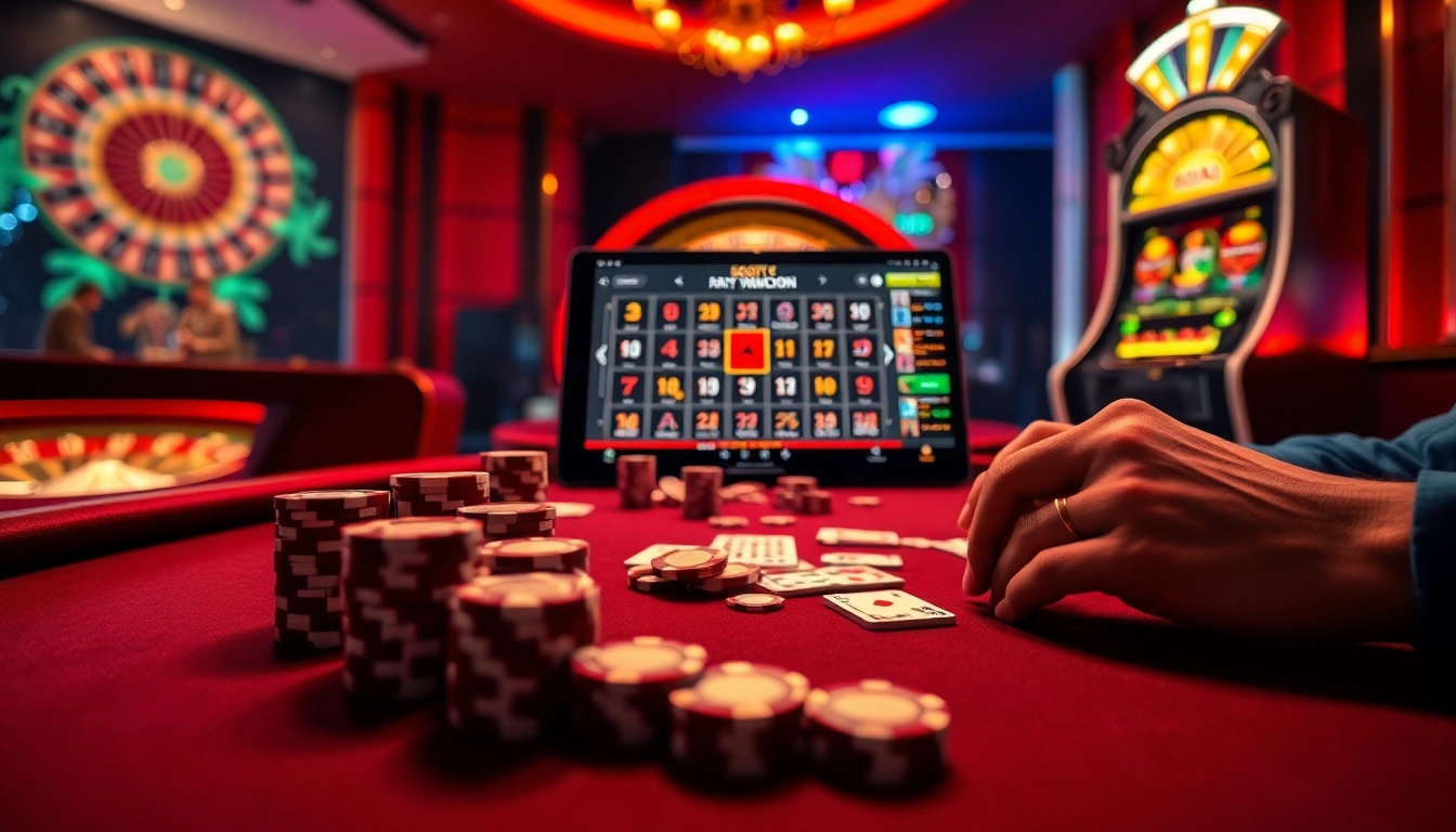 Engage with sbobet login at an elite poker table featuring vibrant chips, cards, and a roulette wheel.
