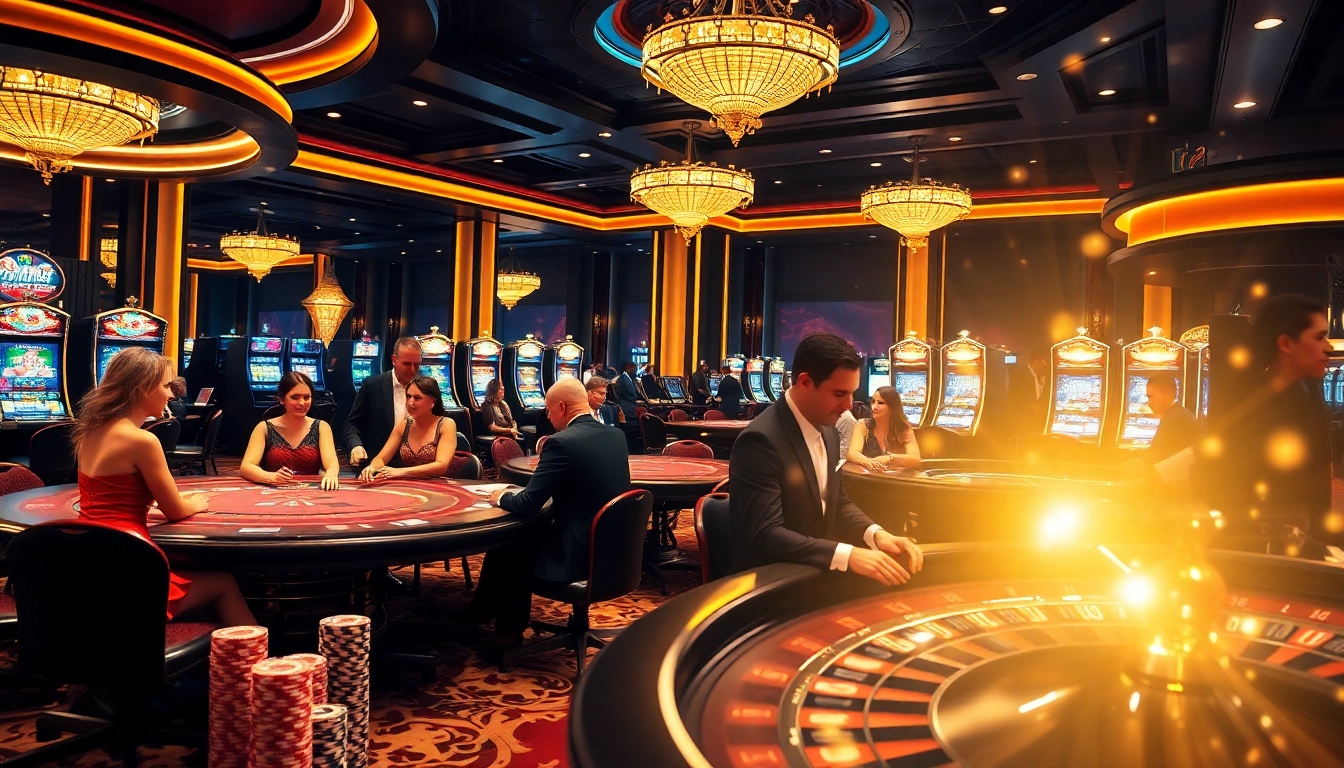 Excitement at the topclub casino with players at poker tables and colorful chips.
