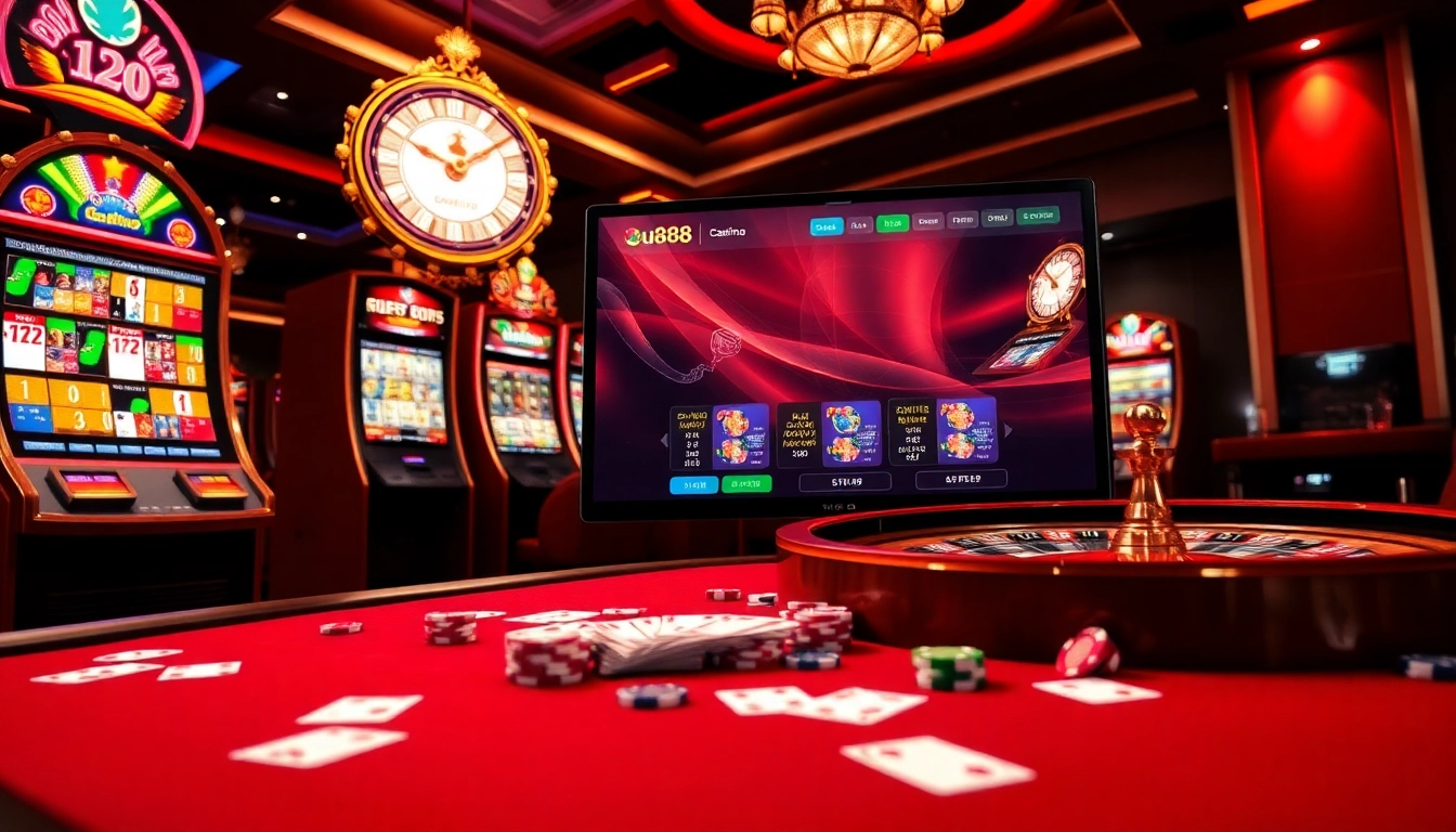 Experience the thrill of u888 with vibrant casino elements like slot machines and poker chips.