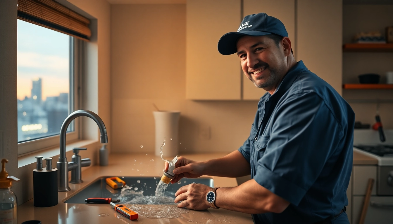 Emergency plumbers on holidays or weekends fixing a burst pipe in a NYC apartment.